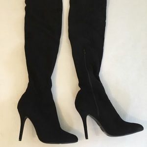 Black Suede Thigh High Stiletto Boots. Size 10.